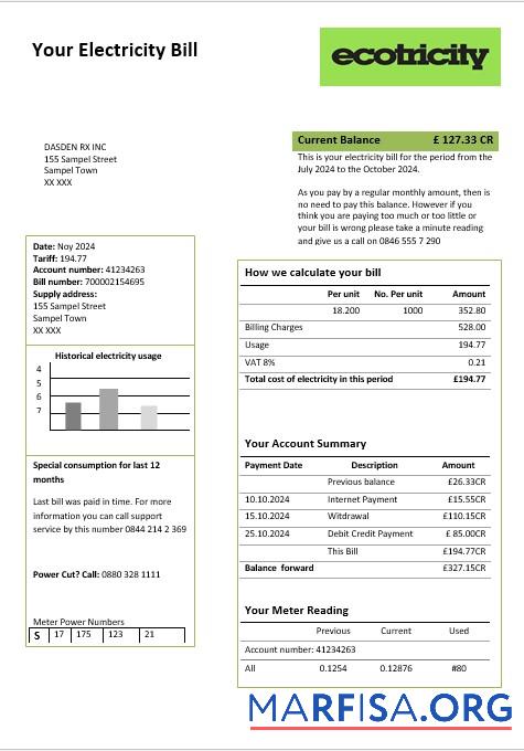 Printable United Kingdom Ecotricity electricity business utility bill template in Word and PDF formats